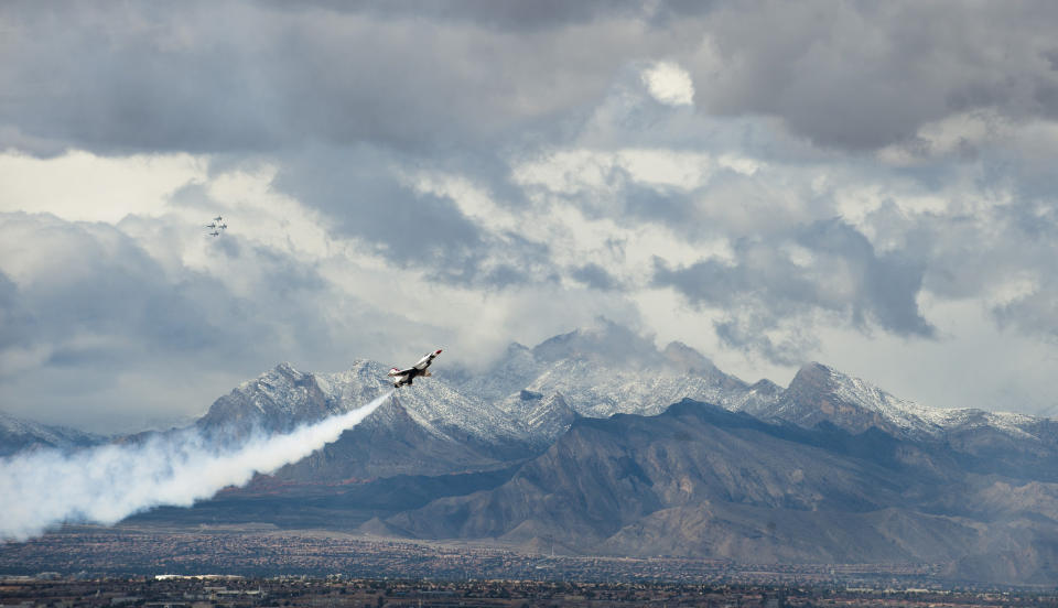 The U.S. Air Force Thunderbirds perform their demonstration March 2, 2015, in preparation for the commander of Air Combat Command at Nellis Air Force Base, Nevada. 