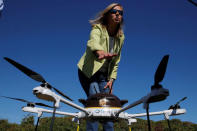 Helen Greiner, founder of CyPhy Works, talks about the CyPhy Works drone which carried a UPS package to Children's Island off the coast of Beverly, Massachusetts. REUTERS/Brian Snyder
