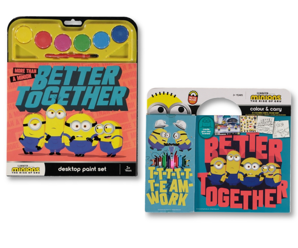 On the left, a Minion-themed paint set with yellow, red, pink, green, blue and navy colours in circles sit at the top of the packet with a mini red paintbrush beneath it. On the right, a minions-themed colouring in book with Better Together written across the front in red. Both images against a white background.