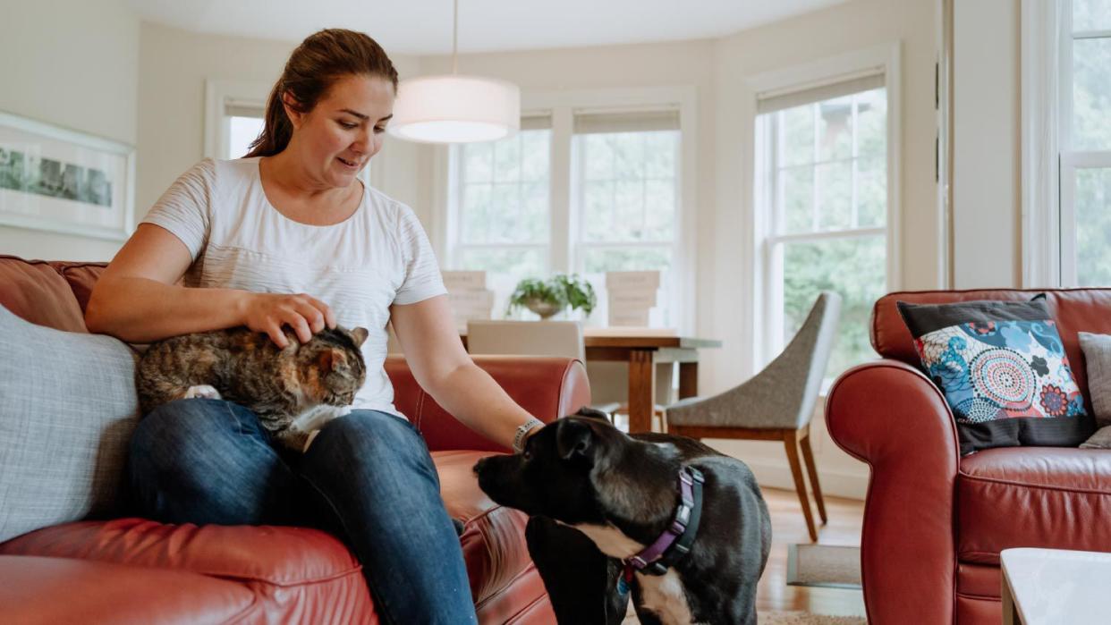 Woman in the kitchen with her cat and dog