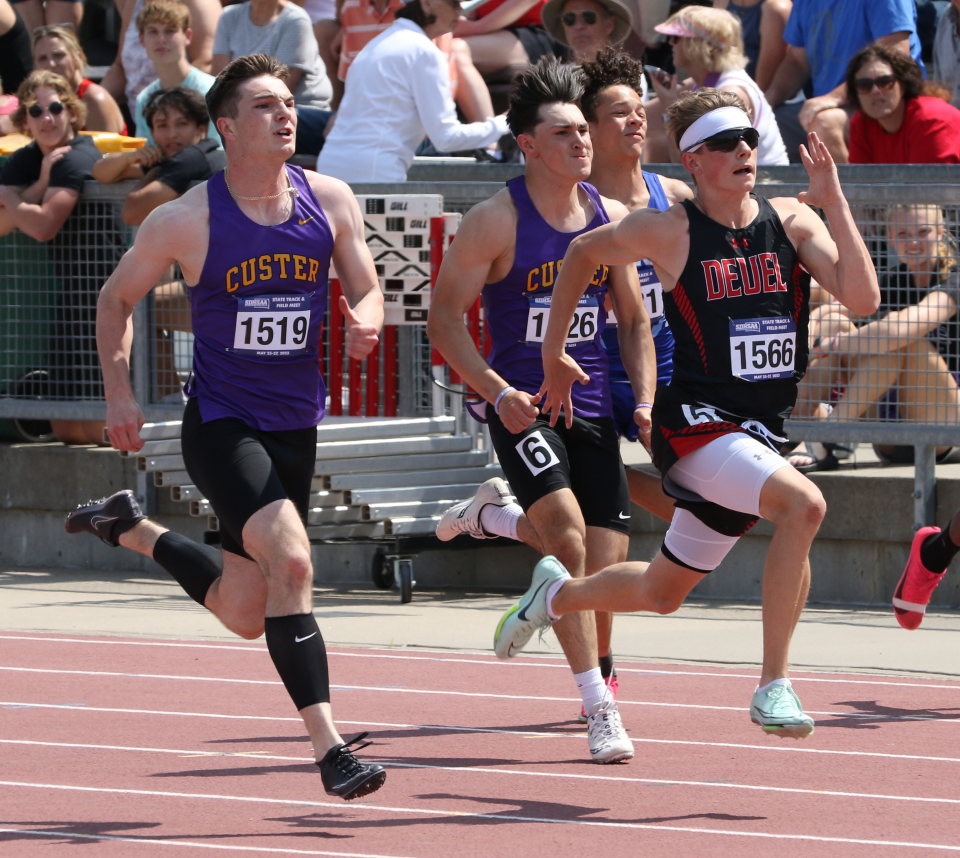 Oliver Fieber of Deuel sprints to the finish line in the Class A boys' 100-meter dash during the 2024 South Dakota High School Track and Field Championships at Howard Wood Field in Sioux Falls.