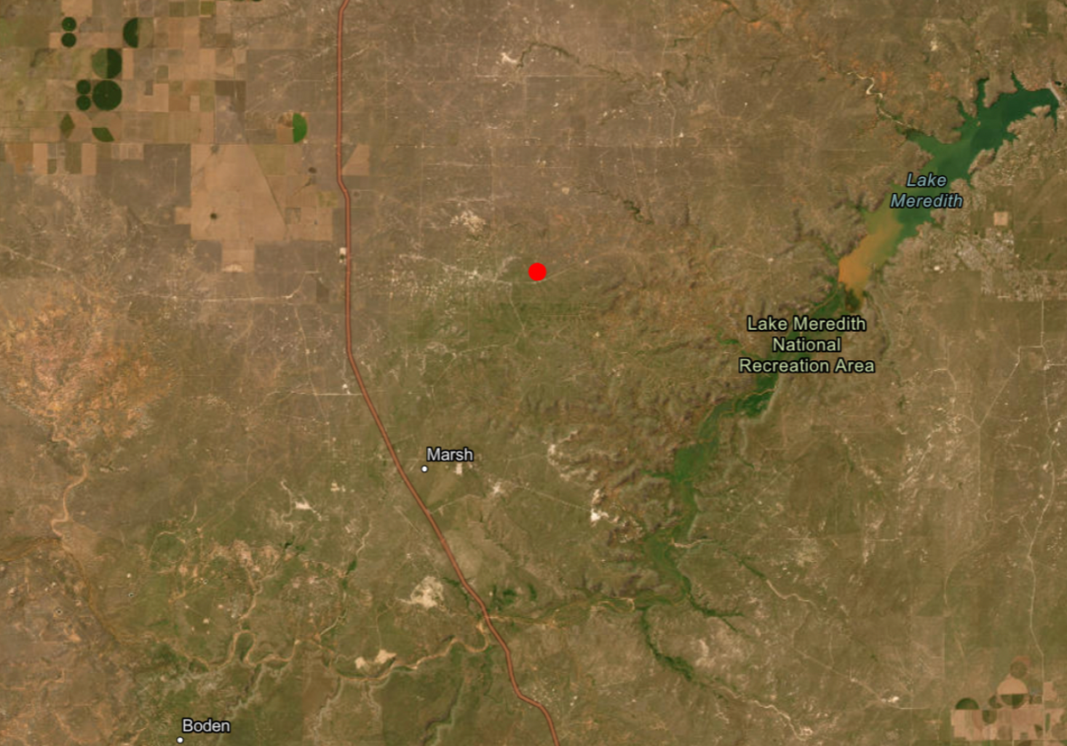 The Windy Deuce fire, represented by the red dot, is burning in southern Moore County (Texas A&M Forest Service)