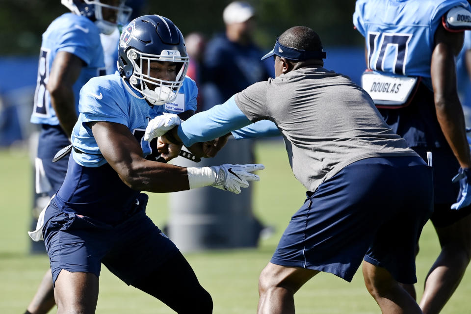 Tennessee Titans wide receiver Treylon Burks (16) takes part in drills during a combined NFL football training camp with the Tampa Bay Buccaneers Thursday, Aug. 18, 2022, in Nashville, Tenn. (AP Photo/Mark Zaleski)