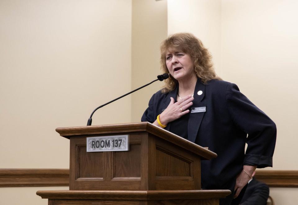 Idaho State Rep. Barbara Ehardt, R-Idaho Falls, testifies in January in support of a Montana bill that would ban transgender women and girls from competing in high school and college women's sports. The bill was very similar to Ehardt's own bill, drafted by the Alliance Defending Freedom, which was signed into law in Idaho last year and is currently embroiled in legal battles at the federal level.