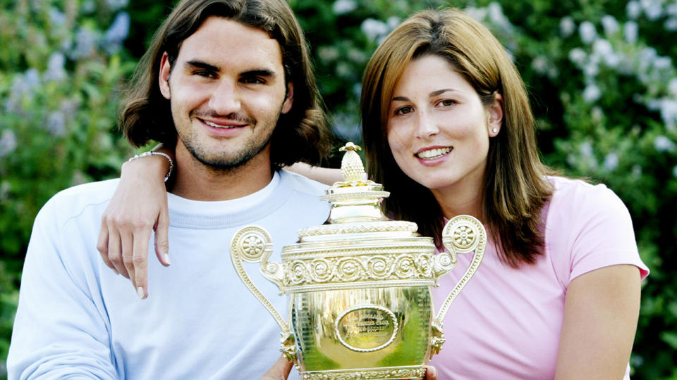 Roger Federer and Mirka, pictured here celebrating his triumph at Wimbledon in 2003.