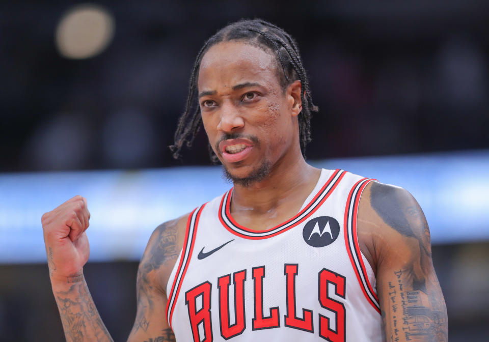 CHICAGO, IL - APRIL 09: DeMar DeRozan #11 of the Chicago Bulls reacts during a game against the New York Knicks at the United Center on April 9, 2024 in Chicago. (Photo by Melissa Tamez/Icon Sportswire via Getty Images)