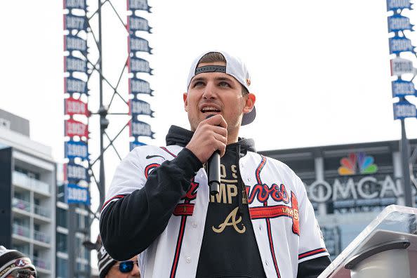 ATLANTA, GA - NOVEMBER 05: Third basemen Austin Riley and members of the Atlanta Braves team speak following the World Series Parade at Truist Park on November 5, 2021 in Atlanta, Georgia. The Atlanta Braves won the World Series in six games against the Houston Astros winning their first championship since 1995. (Photo by Megan Varner/Getty Images)