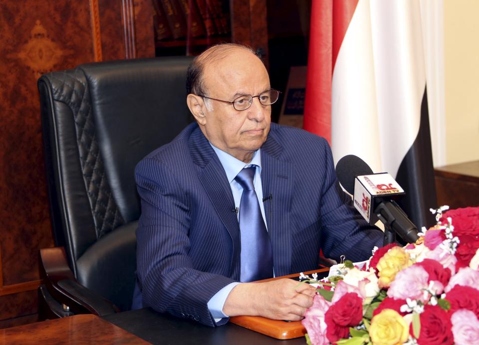 Yemen's President Abd-Rabbu Mansour Hadi delivers a speech in Aden