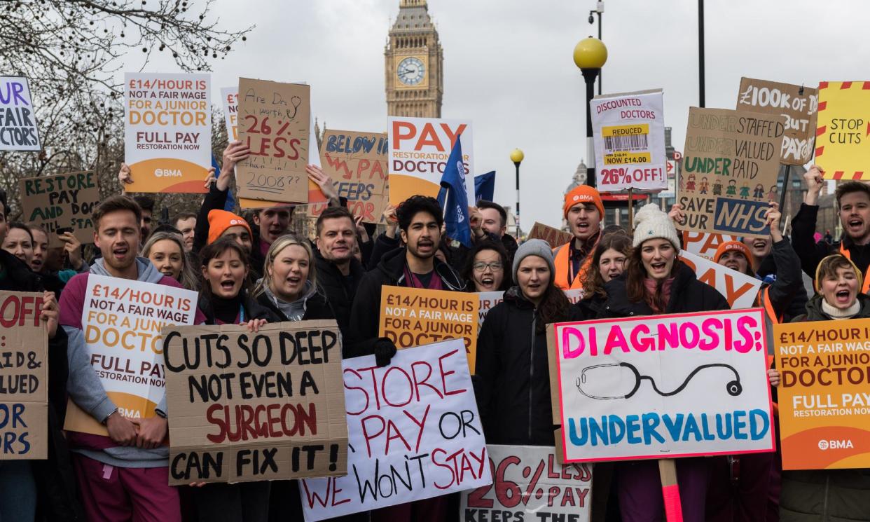 <span>Junior doctors striking in London in March 2023 at the start of the dispute. There have since been 41 days of stoppages with more to come.</span><span>Photograph: WIktor Szymanowicz/NurPhoto/Rex/Shutterstock</span>