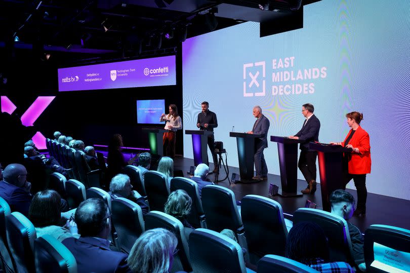 East Midlands Mayor election candidates pictured on stage as the hustings takes place. Pictured from left to right, is: Frank Adlington-Stringer of the Green Party, Ben Bradley of the Conservative Party Alan Graves of the Reform Party, Matt Relf an Independent and Claire Ward of the Labour Party.