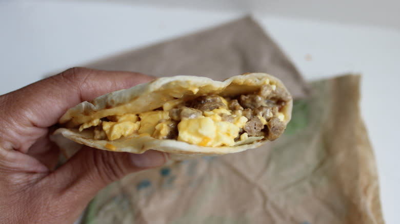 closeup of Toasted Breakfast Taco
