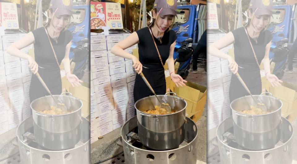 愛雅參加大甲鎮瀾宮媽祖遶境活動，並在現場煮起自創品牌的素食麻辣鍋。（日丞國際提供）
