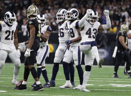 Jan 20, 2019; New Orleans, LA, USA; Los Angeles Rams strong safety John Johnson (43) reacts during overtime in the NFC Championship game against the New Orleans Saints at Mercedes-Benz Superdome. Mandatory Credit: Derick E. Hingle-USA TODAY Sports