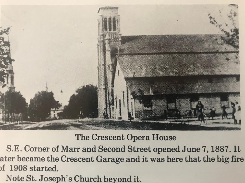 The Crescent Opera House once stood on the corner of Marr Street and Second Street as a key entertainment venue in Fond du Lac until the early 20th century.  From the book "A Photographer’s History of Fond du Lac County" by Ray Thornton.