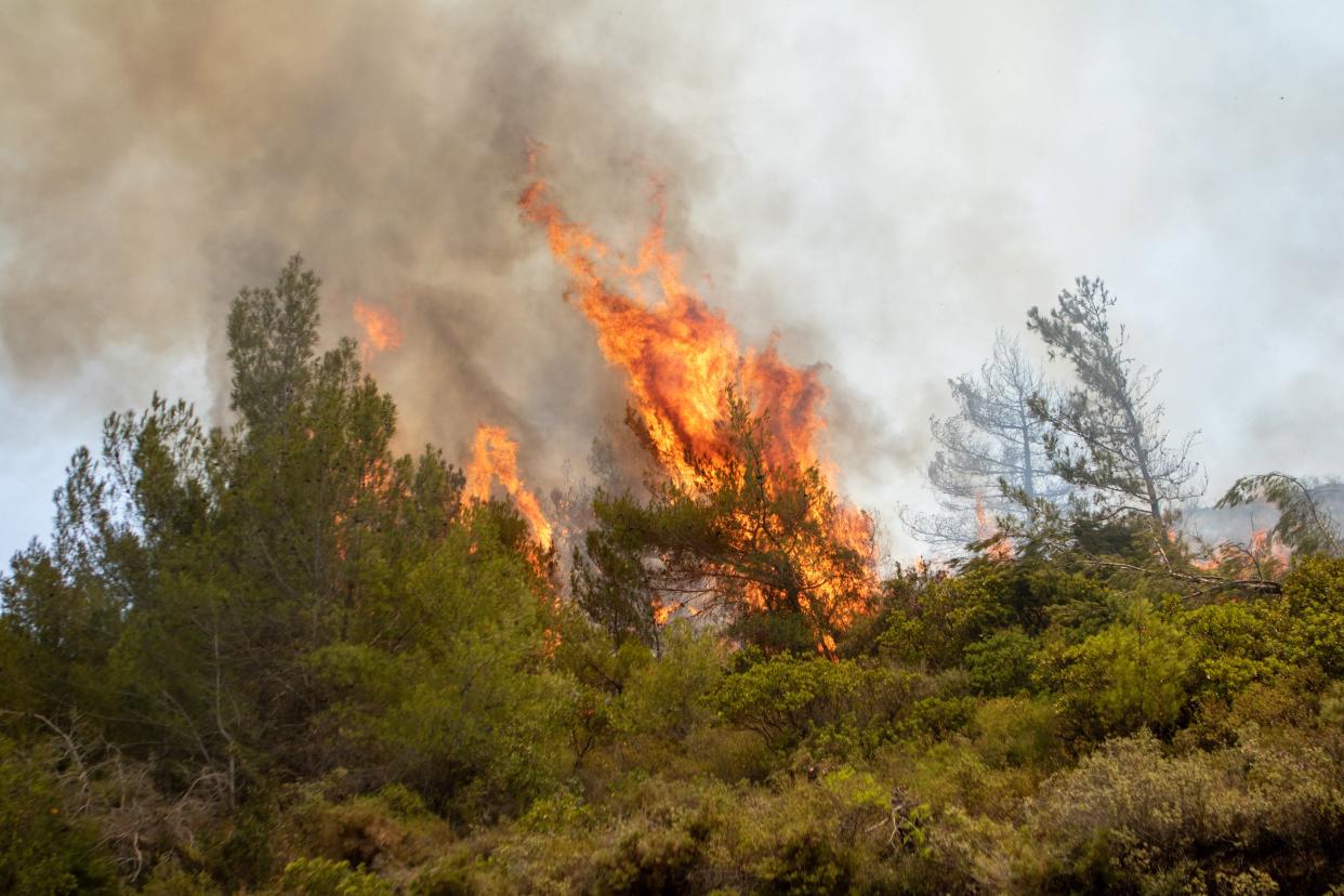 A wildfire burns in Vati village, on Rhodes island (EPA)