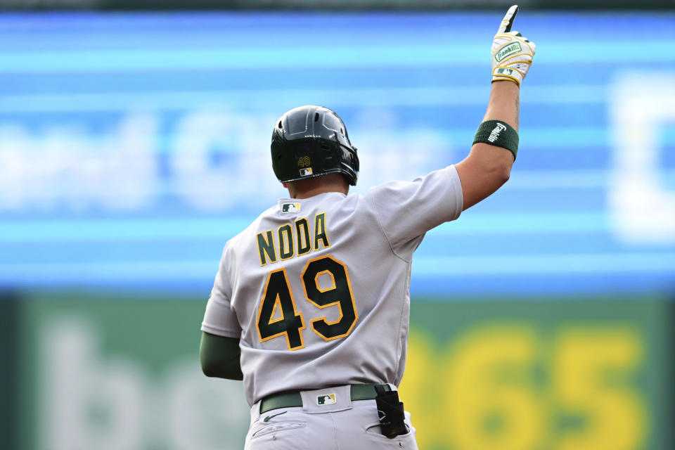 Oakland Athletics' Ryan Noda runs the bases after hitting a three-run home run off Cleveland Guardians starting pitcher Gavin Williams during the third inning of a baseball game Wednesday, June 21, 2023, in Cleveland. (AP Photo/David Dermer)