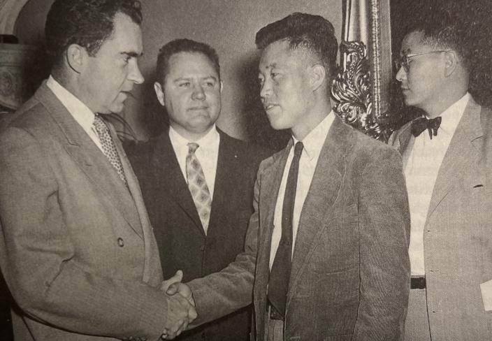 Vice President Richard Nixon shakes No Kum-Sok's hand in Washington, DC, on May 5, 1954. No Kum-Sok, who later changed his name to Kenneth Rowe, was a North Korean Air Force pilot who escaped the communist regime a few months earlier by flying his MiG-15 fighter jet to a US air base in South Korea.  Also pictured are Congressman Joe Holt (R-California) and US Army Major James Kim, right.