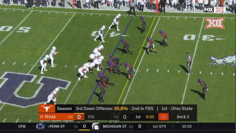 TCU CB Jeff Gladney allows this back-shoulder completion to Texas' Collin Johnson.