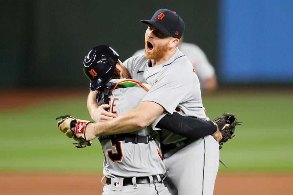 Spencer Turnbull and Eric Haase of the  Tigers celebrate after Turnbull's no-hitter against the Mariners.