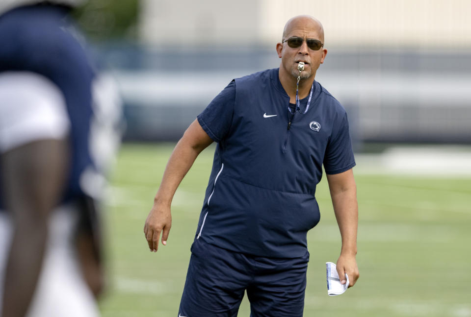 Penn State football coach James Franklin watches his players during NCAA college football practice on Wednesday, Aug. 10, 2022, in State College, Pa. (Abby Drey/Centre Daily Times via AP)