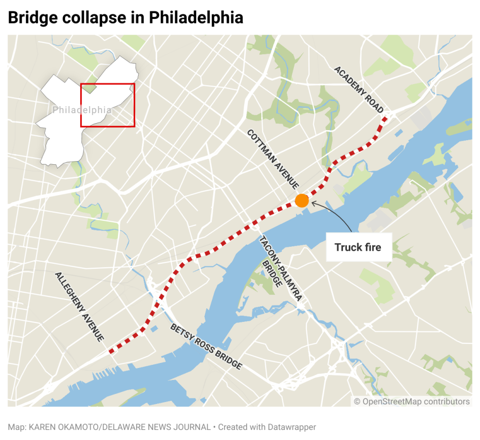 A truck fire on the Route 73/Cottman Avenue ramp under I-95 caused a bridge to collapse in Philadelphia. I-95 was closed in both directions from Allegheny Avenue to Academy Road on Sunday, June 11, 2023.