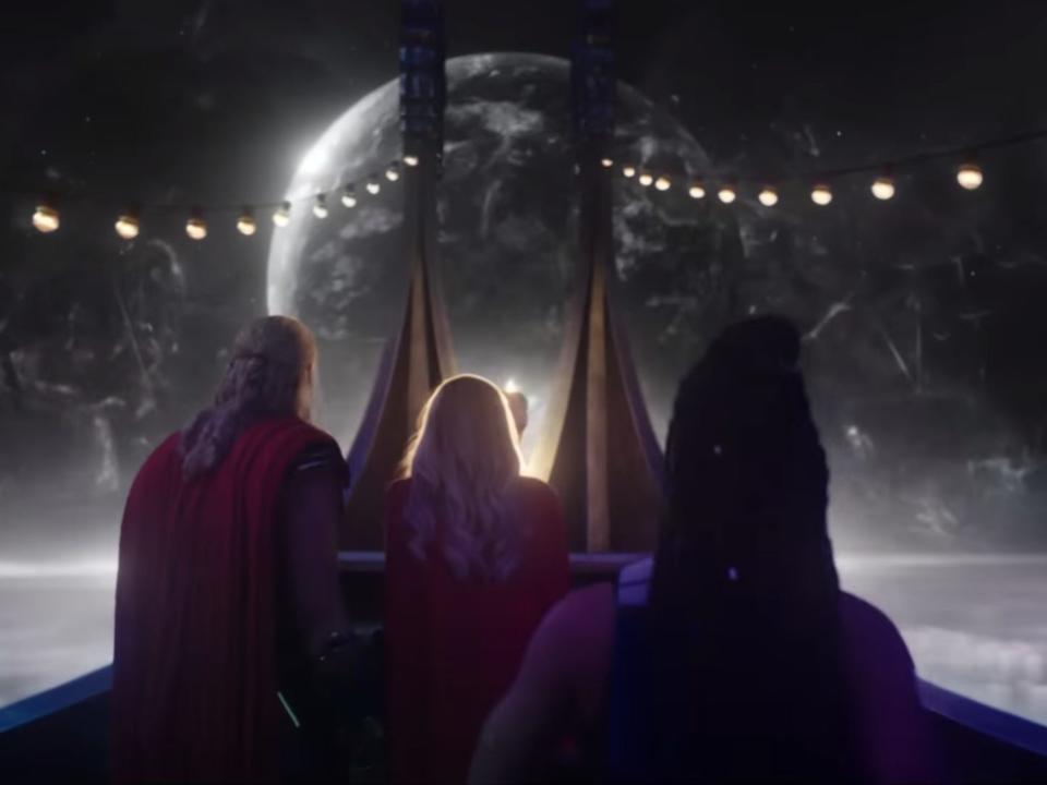 Thor, Jane, and Valkyrie on a boat approaching the shadow realm in "Thor: Love and Thunder."