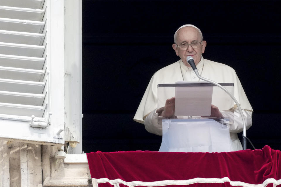 Pope Francis delivers his speech as he recites the Angelus noon prayer from the window of his studio overlooking St.Peter's Square, at the Vatican, Sunday, Aug. 27, 2023. (AP Photo/Andrew Medichini)