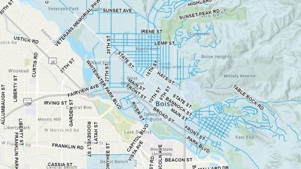 The Ada County Highway District’s chip seal map shows which roads the agency is planning to chip seal in 2024, in blue. The procedure requires the agency to close roads in order tear up the top layer of pavement and repave it.