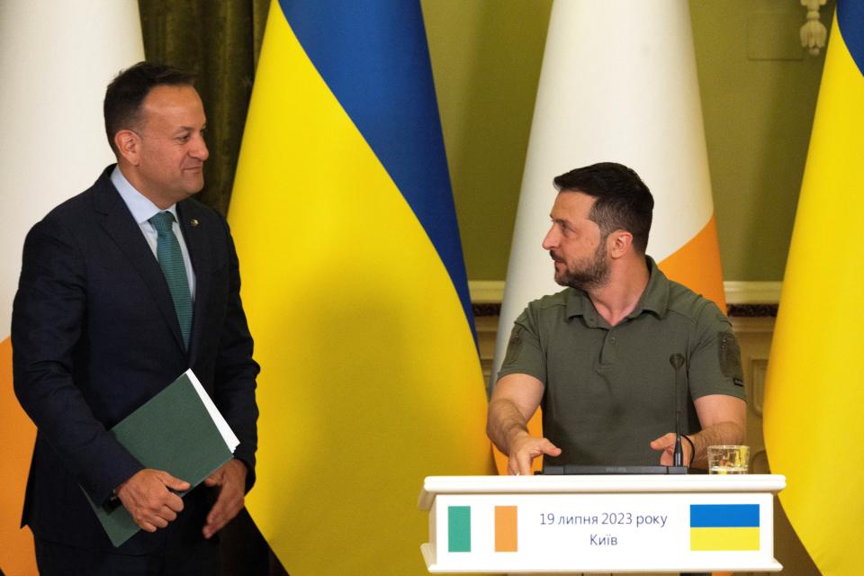 Taoiseach Leo Varadkar, left, with Ukraine’s President Volodymyr Zelensky ahead of a joint news briefing at Horodetskyi House in Kyiv, Ukraine (PA Wire)