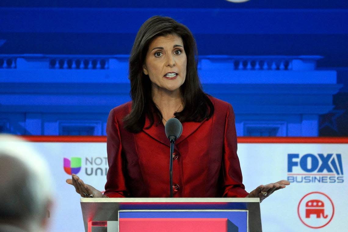 Nikki Haley speaks during the Republican presidential primary debate Wednesday at the Ronald Reagan Presidential Library and Museum. Robert Hanashiro/USA TODAY NETWORK