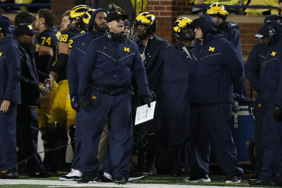 Oct 26, 2019; Ann Arbor, MI, USA; Michigan Wolverines head coach Jim Harbaugh on the sideline in the second half against the Notre Dame Fighting Irish at Michigan Stadium. Mandatory Credit: Rick Osentoski-USA TODAY Sports