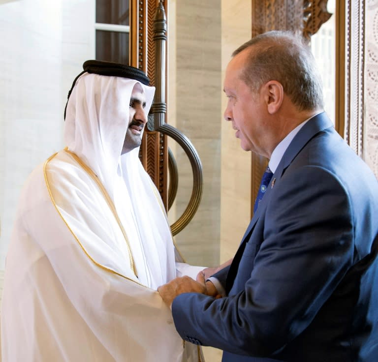 Turkish President Recep Tayyip Erdogan (R) is welcomed by Deputy Emir of Qatar Abdullah bin Hamad bin Khalifa Al Thani, in Doha, on July 24, 2017