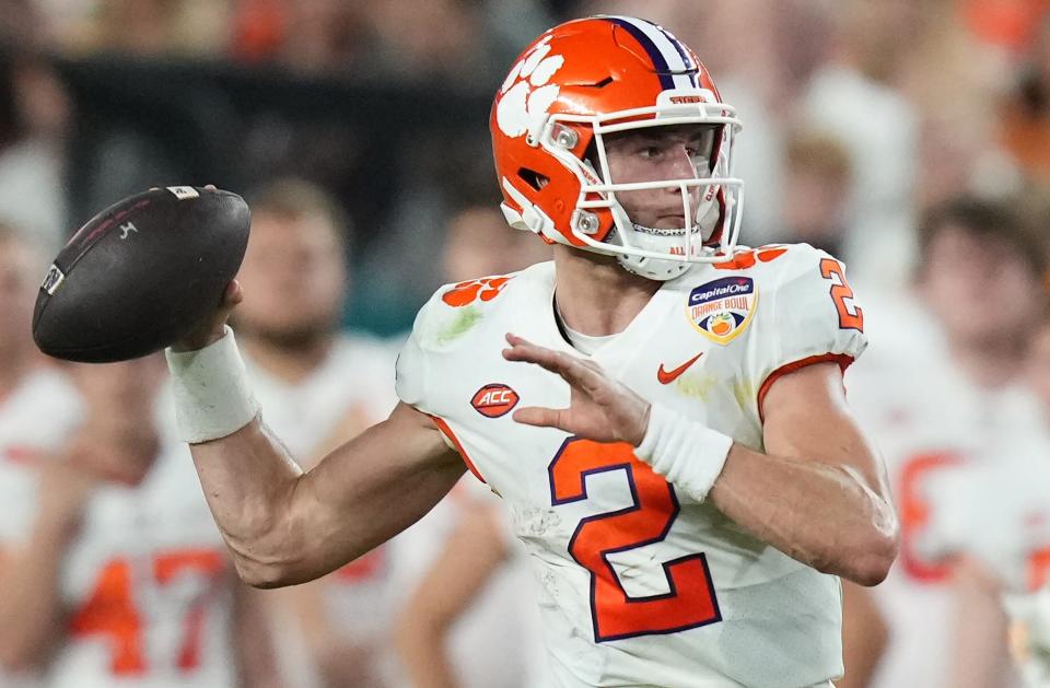 Dec 30, 2022; Miami Gardens, FL, USA; Clemson Tigers quarterback Cade Klubnik (2) throws a pass during the first half of the 2022 Orange Bowl against the Tennessee Volunteers at Hard Rock Stadium. Mandatory Credit: Jasen Vinlove-USA TODAY Sports