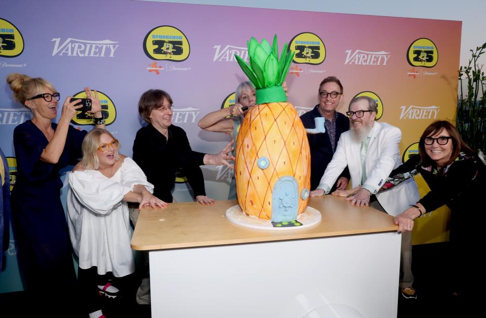 LOS ANGELES, CALIFORNIA - JULY 10: (L-R) Sirena Irwin, Carolyn Lawrence, Doug Lawrence, Karen Hillenburg, Tom Kenny, Rodger Bumpass and Jill Talley speak onstage during the Variety 10 Animators To Watch, presented by Nickelodeon, at The Aster on July 10, 2024 in Los Angeles, California. (Photo by Rich Polk/Variety via Getty Images)
