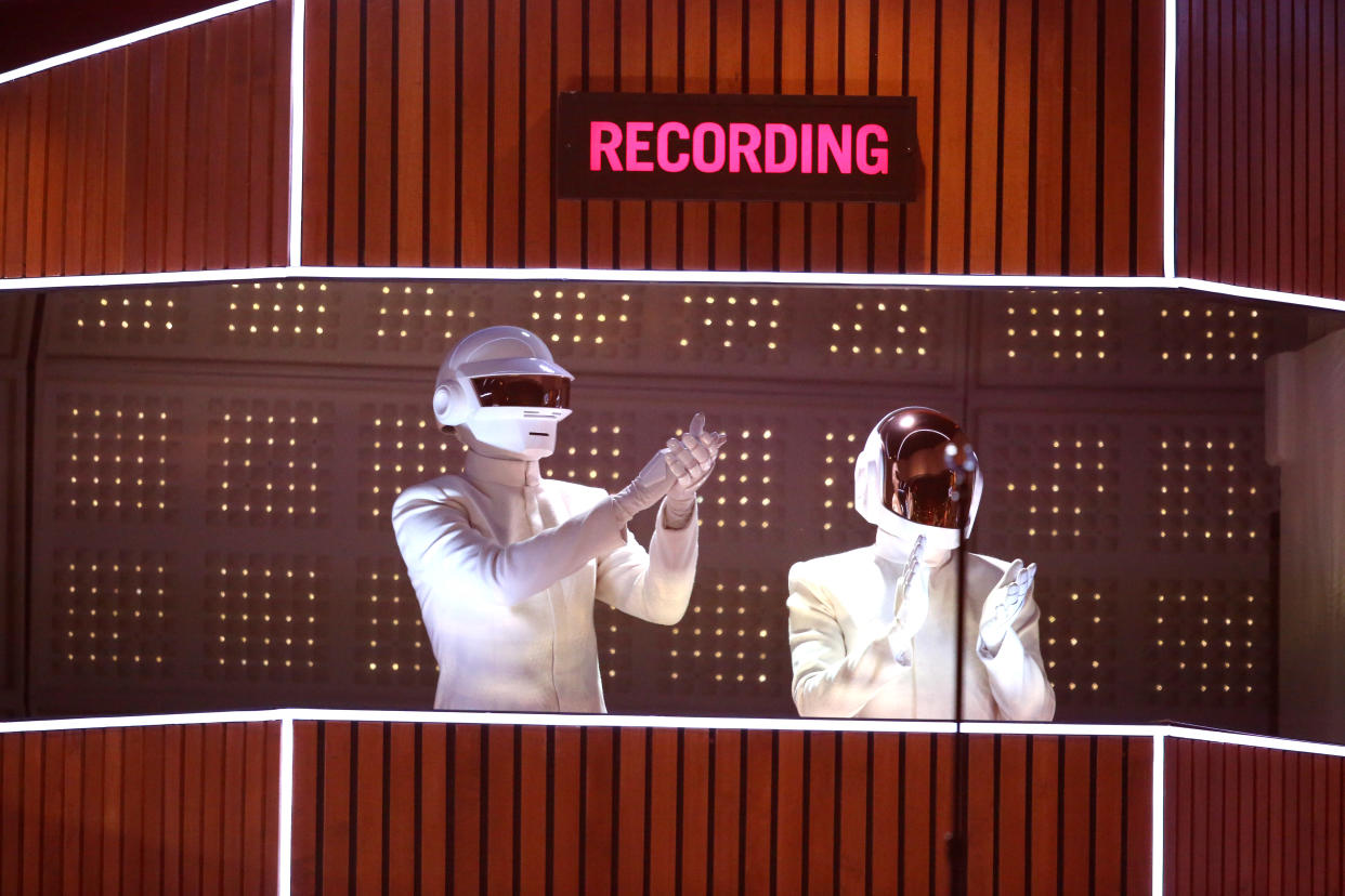Daft Punk performs on stage at the 56th annual GRAMMY Awards at Staples Center on Sunday, Jan. 26, 2014, in Los Angeles. (Photo by Matt Sayles/Invision/AP)