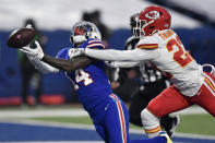 Kansas City Chiefs' Juan Thornhill, right, breaks up a pass intended for Buffalo Bills' Stefon Diggs during the first half of an NFL football game, Monday, Oct. 19, 2020, in Orchard Park, N.Y. (AP Photo/Adrian Kraus)