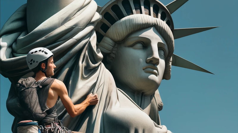 AI-generated image of a rock climber scaling the Statue of Liberty. - Image: OpenAI DALL-E