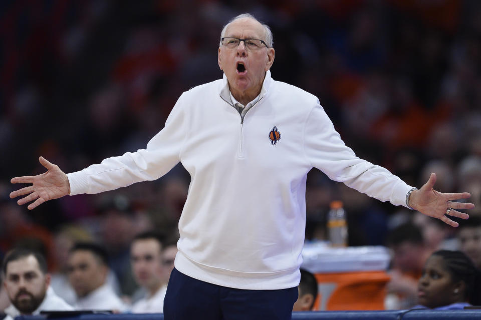Syracuse head coach Jim Boeheim gestures during the second half of an NCAA college basketball game against Wake Forest in Syracuse, N.Y., Saturday, March 4, 2023. (AP Photo/Adrian Kraus)