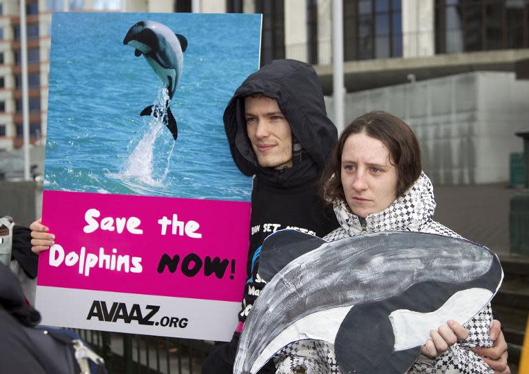 Campaigners attend a protest outside Parliament House in Wellington on May 2, 2012 to rally for the protection of the critically endangered Maui's dolphin