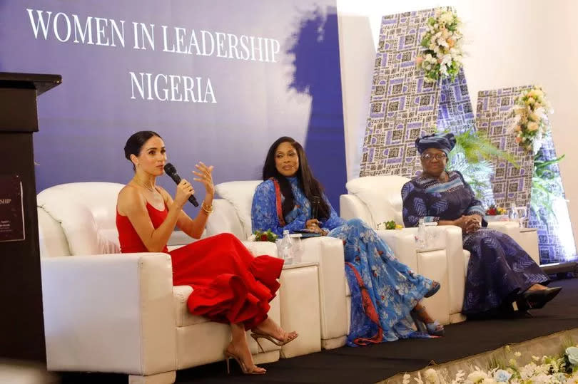 ABUJA, NIGERIA - MAY 11: (EDITORIAL USE ONLY) Meghan, Duchess of Sussex speaks at a Women in Leadership event co-hosted with Ngozi Okonjo-Iweala on May 11, 2024 in Abuja, Nigeria. (Photo by Andrew Esiebo/Getty Images for The Archewell Foundation) -Credit:Getty Images for The Archewell F