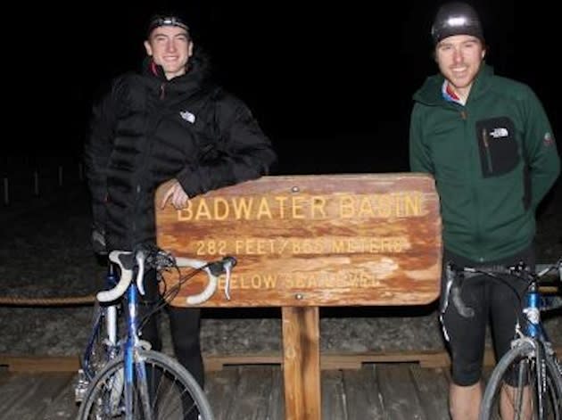 Adam Peterman and Matt Foote prepare to embark from Death Valley on bike — Facebook
