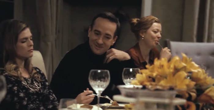 a scene from Succession set during a dinner party