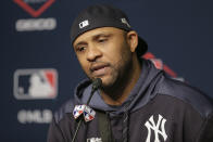 New York Yankees pitcher CC Sabathia answers questions during a news conference before Game 5 of baseball's American League Championship Series against the Houston Astros, Friday, Oct. 18, 2019, in New York. (AP Photo/Seth Wenig)