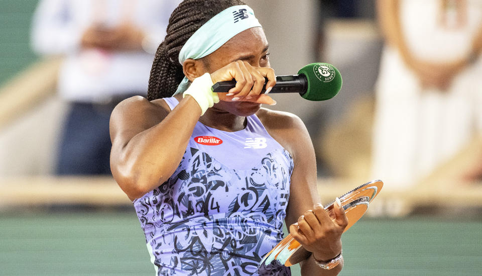 Coco Gauff, pictured here in tears in her runner-up speech at the French Open.