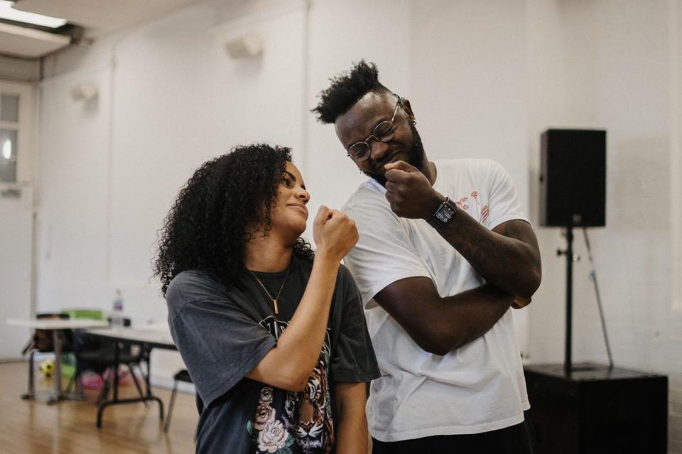 Raphaella Julien and Chris Fonseca in rehearsals for Follow the Signs at Soho Theatre (Phoebe Capewell)
