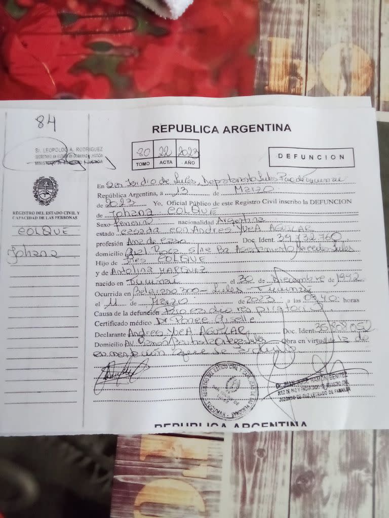 Certificado de defunción de Johana Colque, de Tucumán, tal como quedó asentada en el Registro Civil aunque tenía dengue