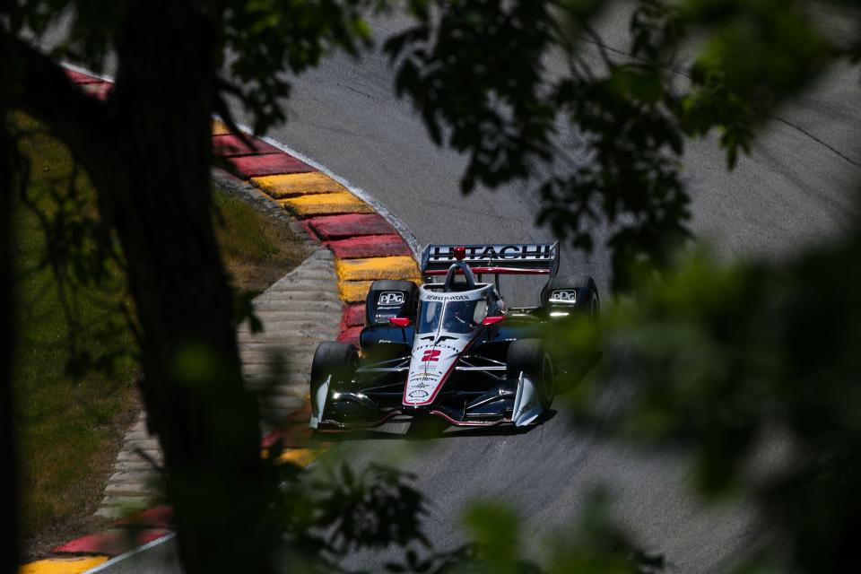 Josef Newgarden pushes through Turn 12 on NTT IndyCar Series weekend at Road America in 2021.