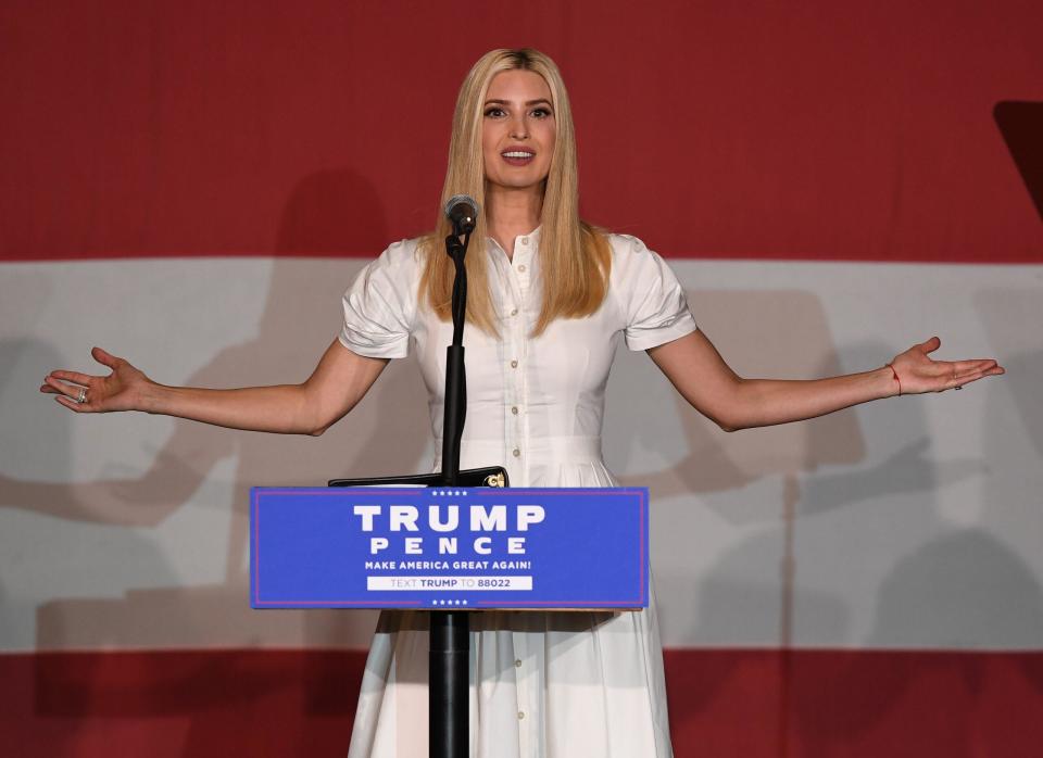 Ivanka Trump speaks during a campaign event for her father at the Bayfront Park Amphitheatre on October 27, 2020 in Miami Florida.