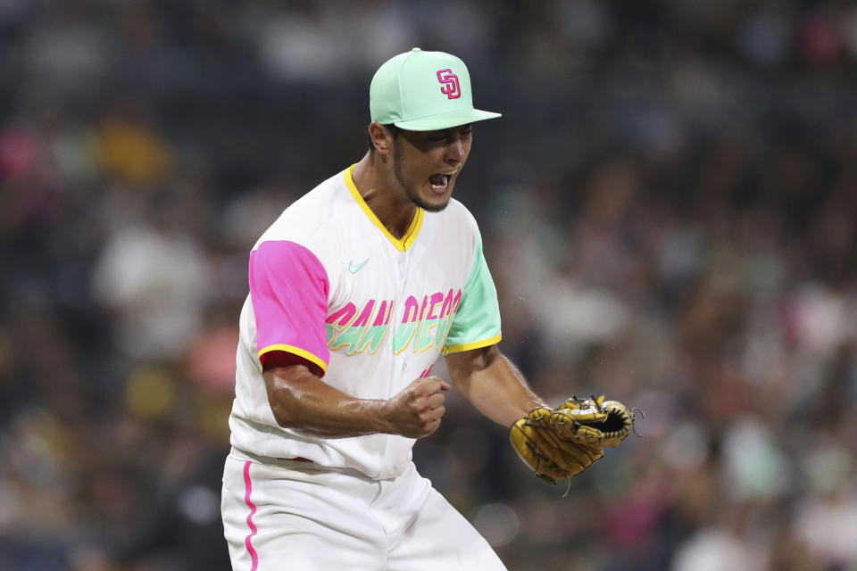 San Diego Padres starting pitcher Yu Darvish reacts after striking out Arizona Diamondbacks' Josh Rojas during the seventh inning of a baseball game Friday, July 15, 2022, in San Diego. (AP Photo/Derrick Tuskan)