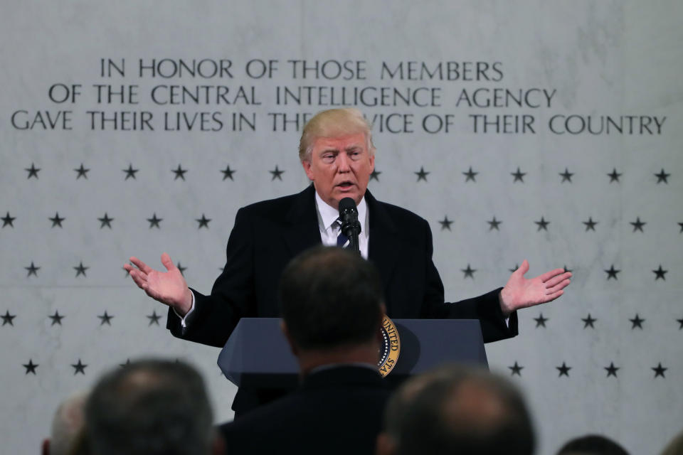 U.S. President Donald Trump delivers remarks during a visit to the Central Intelligence Agency (CIA) in Langley, Virginia U.S. January 21, 2017. REUTERS/Carlos Barria